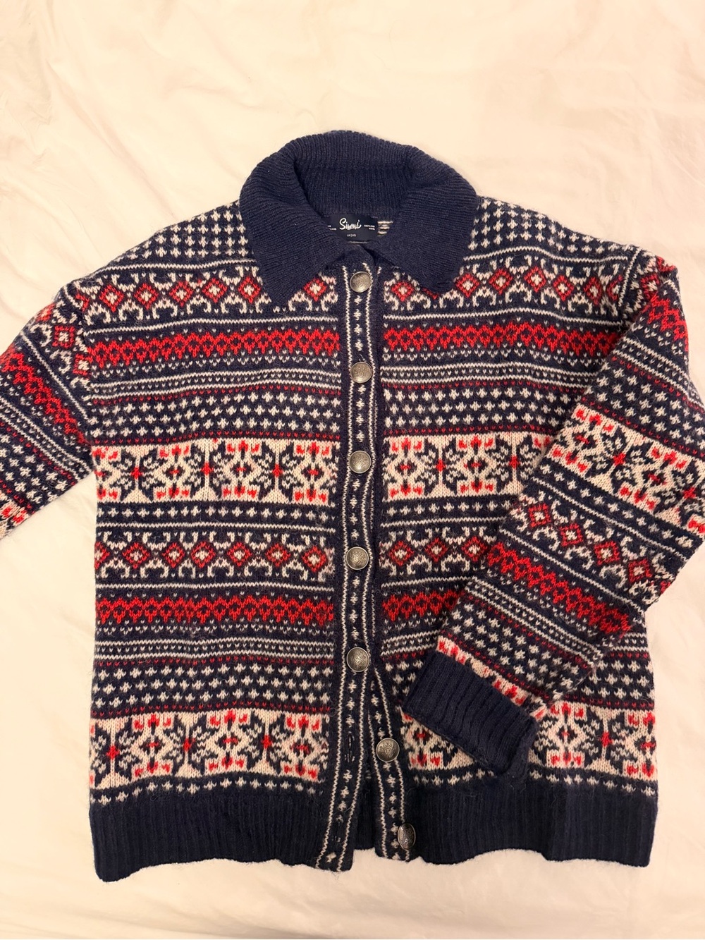 Simons Navy Fair Isle Button-Front Cardigan with Red and Cream Accents